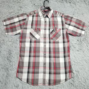 Airwalk Shirt Mens Medium Button Down Up Red Gray Plaid‎ Snap Pockets Skater